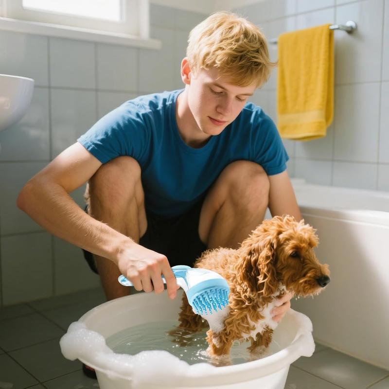One hand for the bottle. One for the scrub. Zero for the dog.